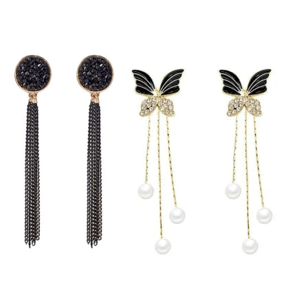 Combo Earrings Set Tassel Black Earrings Butterfly Earrings with Pearls love Rhinestone Drop Earrings Stud Jewelry Gift for Women Girls Pack of 2 for Office, Party, Casual