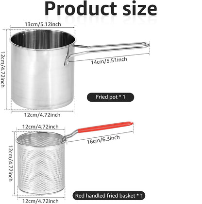 Small Deep Frying Pot with Strainer Basket - 1200ml Stainless Steel Pan with Handle Ideal for Frying French Fries, Chicken Wings, Shrimp, Fish, Boiling Butter, and Pasta