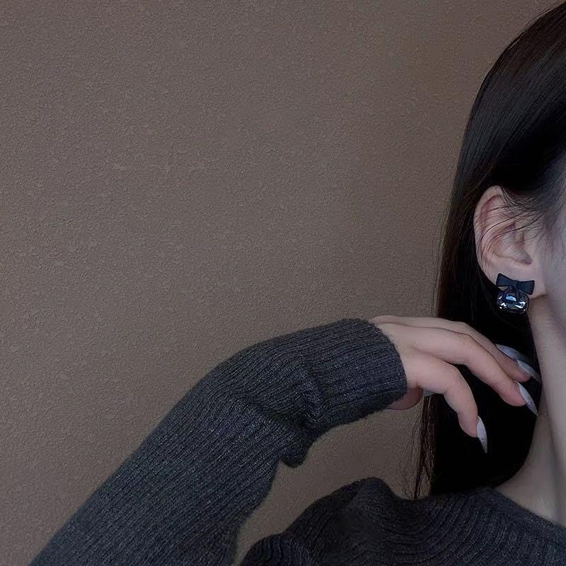 Combo Korean Minimalist Stud Hoop Earrings and Rose Gold Long Earrings Hanging 925 Drop Hypoallergenic Drop Dangle Chain Earrings Suitable for Office Wear, Fashion Earrings Black Bow Casual Party