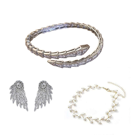SOVELY Jewelry Set for Women Snake Design Bracelet, Winged Crystal Earrings, and Pearl Vine Necklace, Fashion Statement Jewelry for Weddings, Parties, and Special Occasions