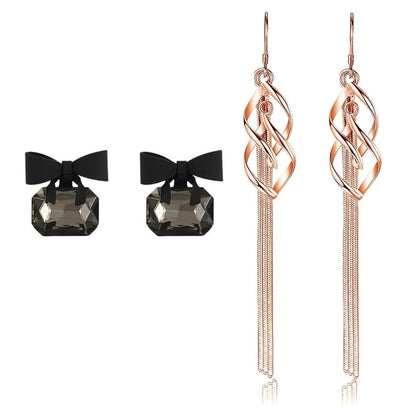 Combo Korean Minimalist Stud Hoop Earrings and Rose Gold Long Earrings Hanging 925 Drop Hypoallergenic Drop Dangle Chain Earrings Suitable for Office Wear, Fashion Earrings Black Bow Casual Party