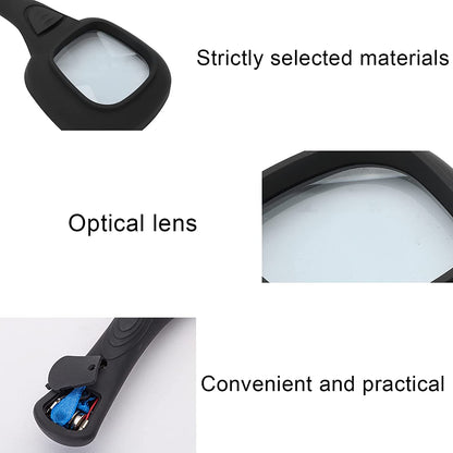 Close-up views of the magnifying glass showing the optical lens, and the open battery compartment with blue batteries.