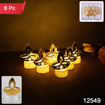 Six golden LED diya tealight candles glowing in a dark setting, with a small inset showing a single diya.