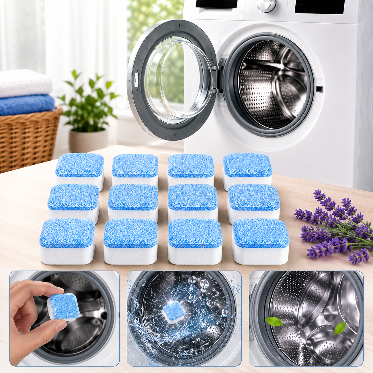Twelve blue and white washing machine cleaner tablets on a wooden table with a washing machine in the background.