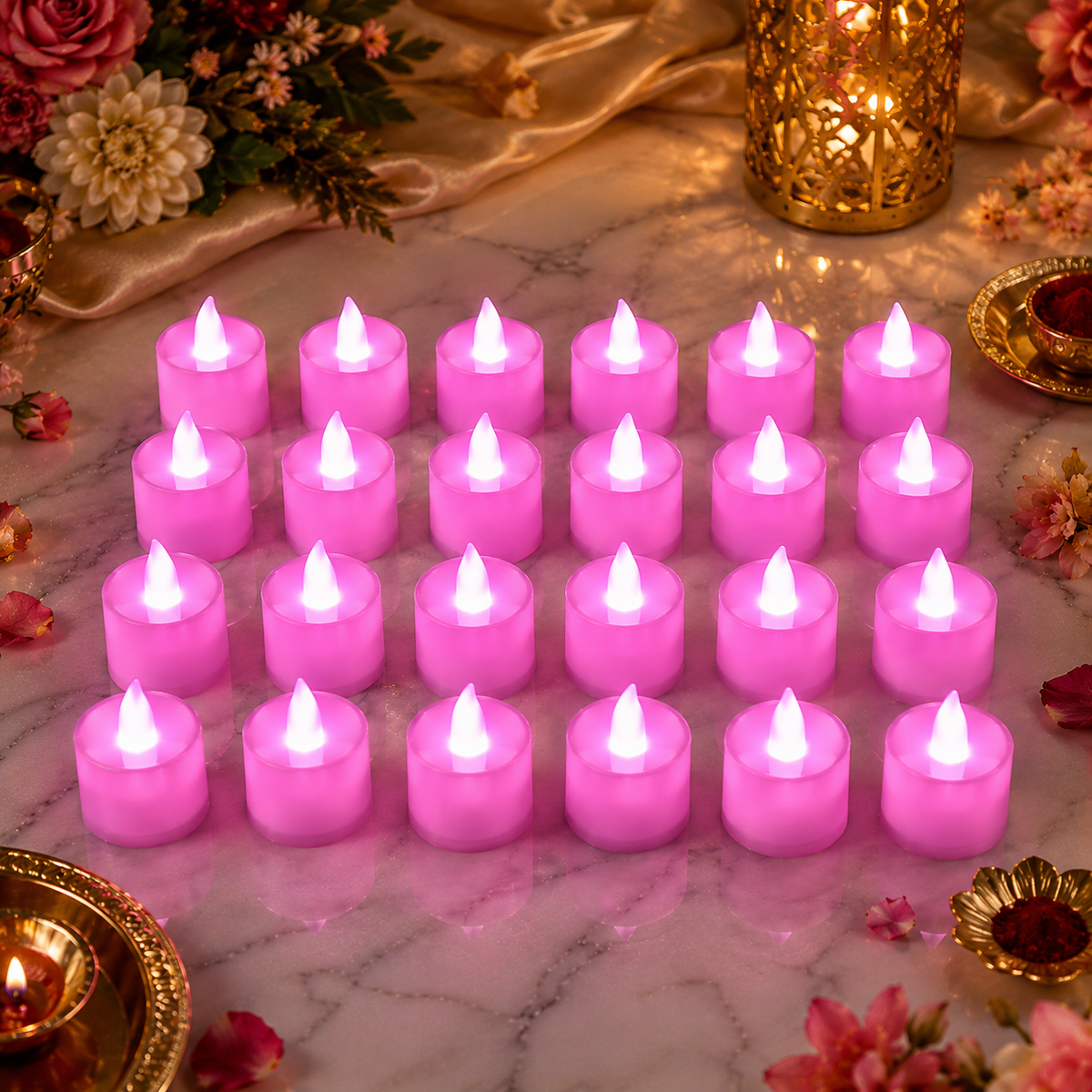 Twenty-four pink LED flameless tealights arranged on a marble surface with flowers and golden accents.