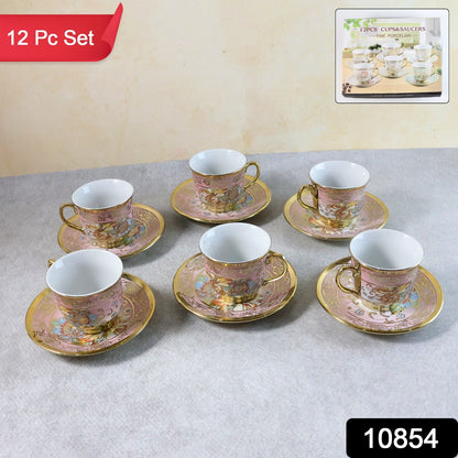 Six pink and gold floral porcelain teacups and saucers on a gray surface, with a small inset showing more sets.