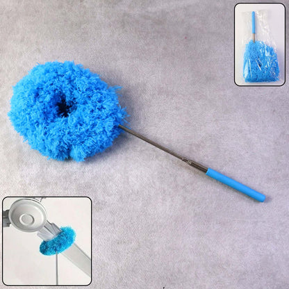 A blue microfiber duster with an extendable handle is displayed against a gray background, with an inset of the duster in