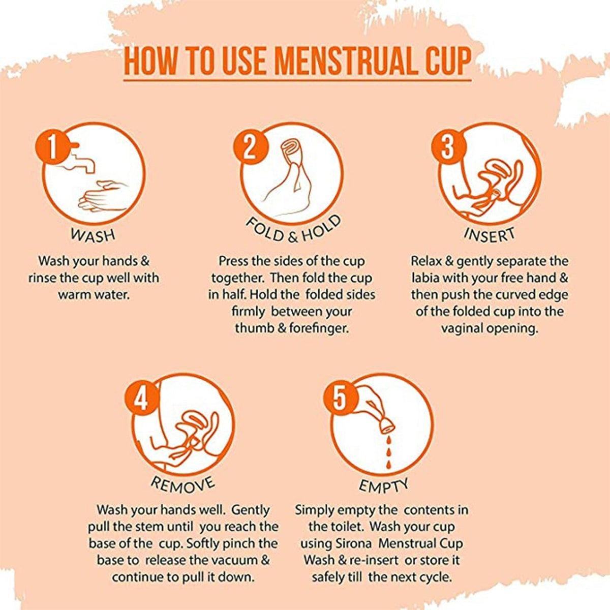 Two silicone menstrual cups, one pink and one teal, are shown with five circular icons highlighting benefits.