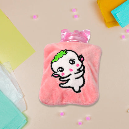 Pink Hot Water Bag with a soft cartoon cover, front view.