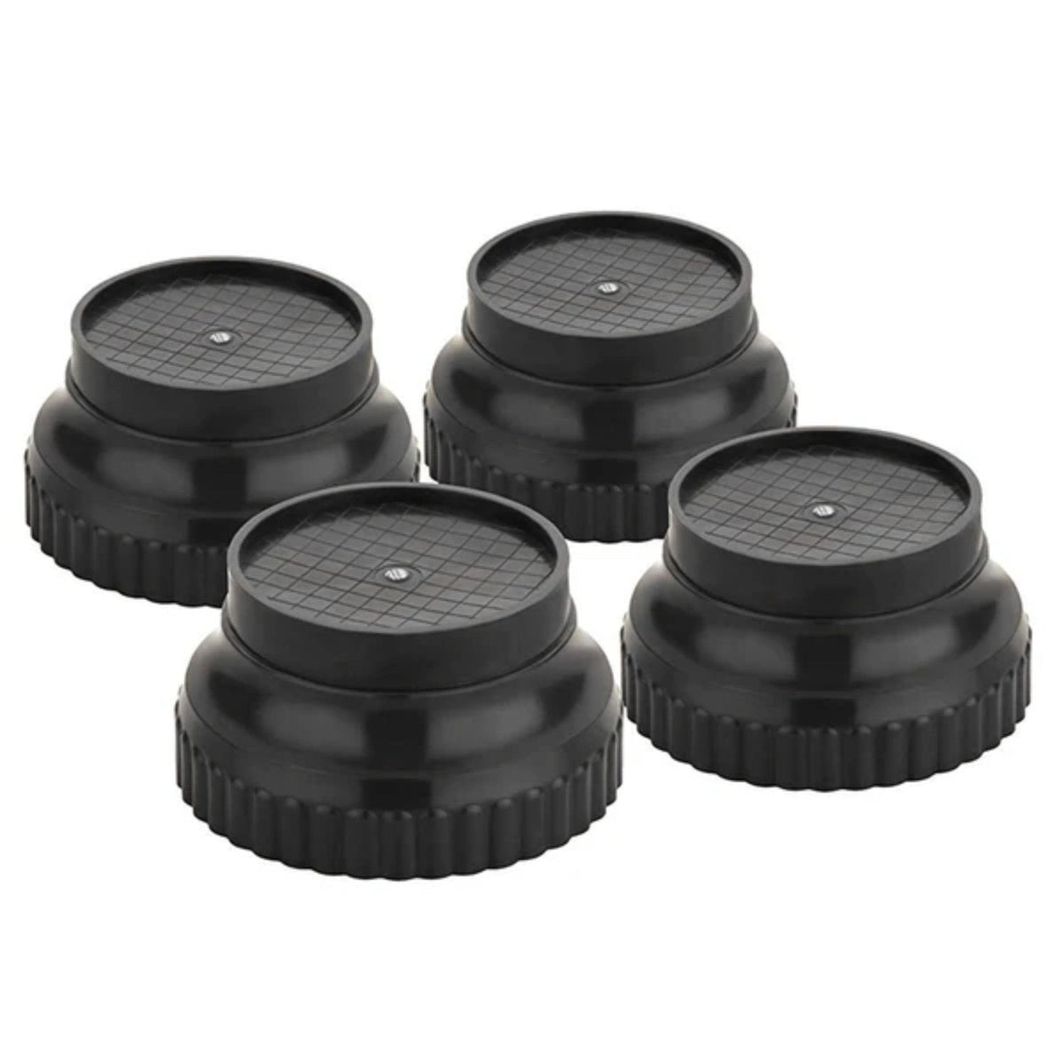 Four black round washing machine support legs with textured tops are arranged in a square on a white background.
