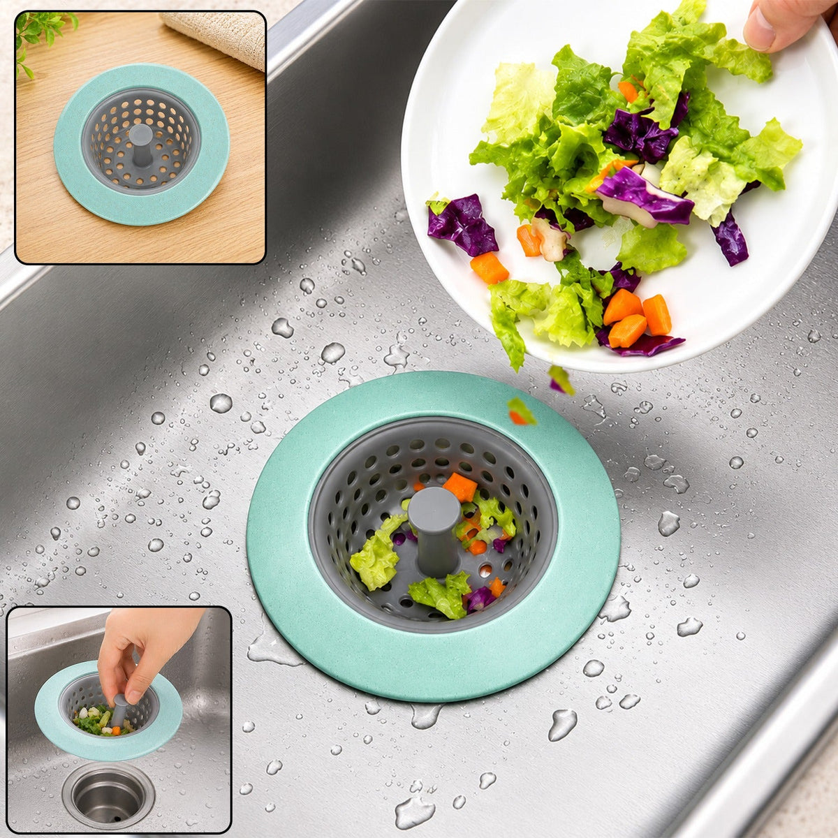 A mint green and gray silicone sink strainer in a stainless steel sink, catching food scraps being poured from a white plate.