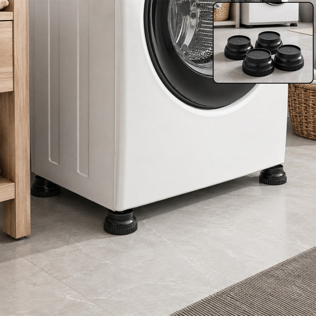 A white washing machine stands on four black support legs on a tiled floor, with an inset showing the four legs.