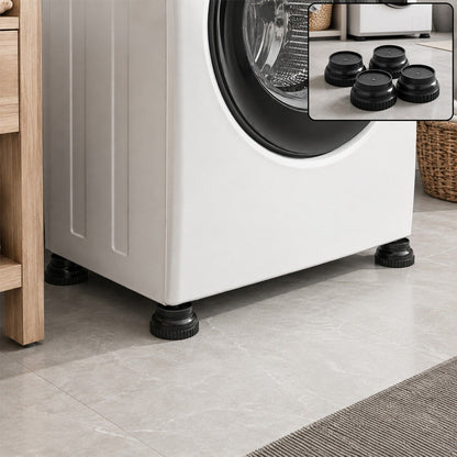 A white washing machine stands on four black support legs on a tiled floor, with an inset showing the four legs.