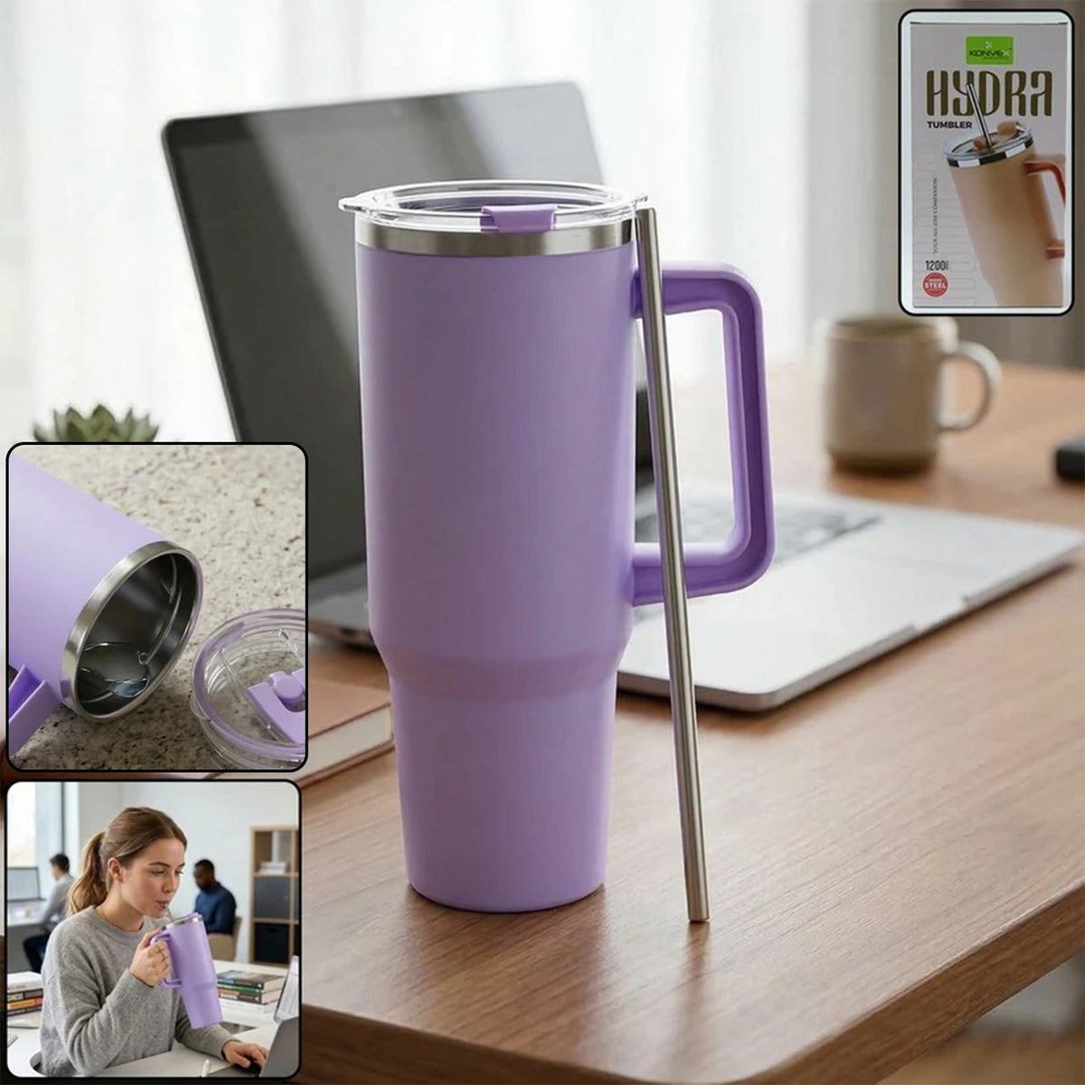 A purple insulated tumbler with a handle and straw sits on a wooden desk next to a laptop.