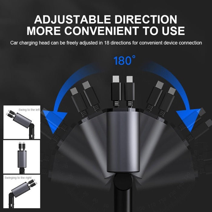 4 in 1 Super Fast  120W  Car Phone Charger | 180° Adjustable Type C & iPhone Car Adapter |Retractable Cable and 2 USB Ports