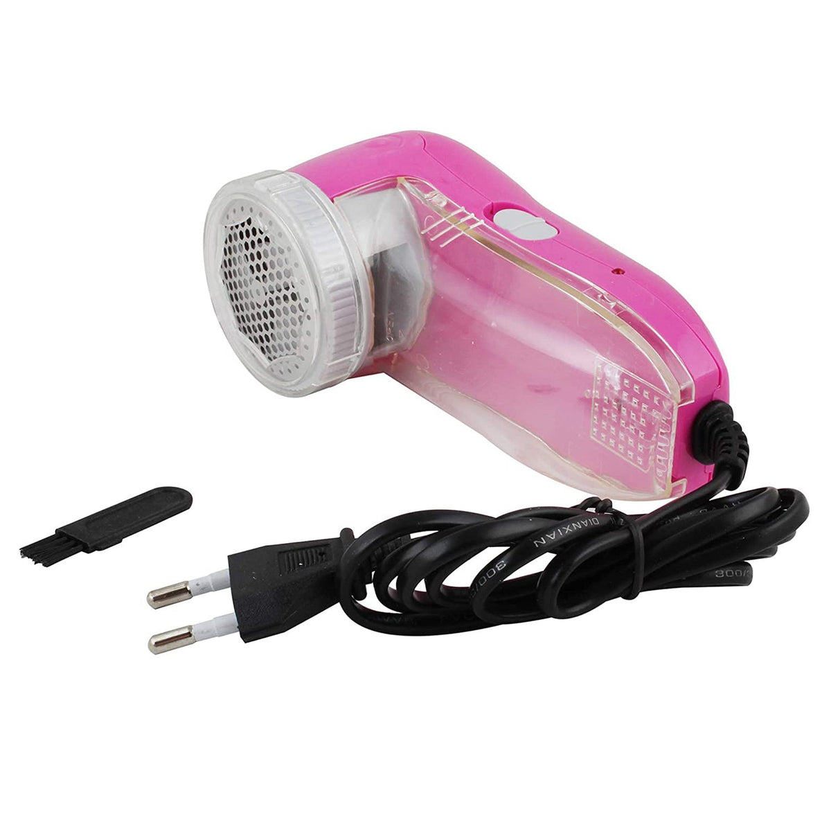 Pink corded lint remover with a cleaning brush and power plug on a plain white background.