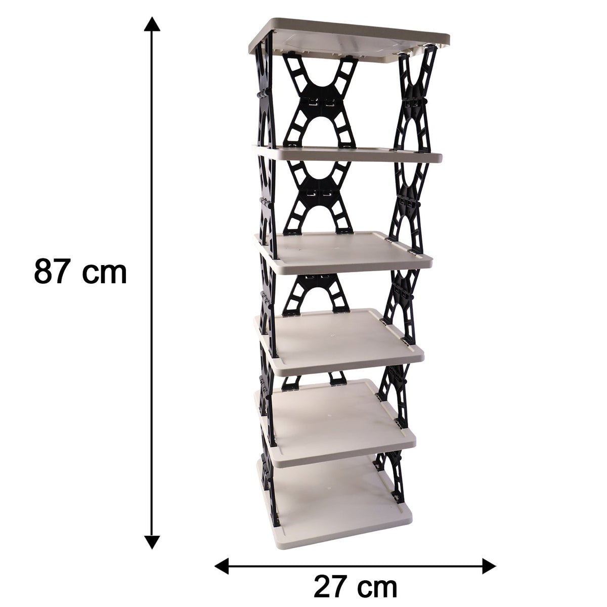 A light grey and black foldable shoe rack with dimensions of 87 cm height and 27 cm width indicated.