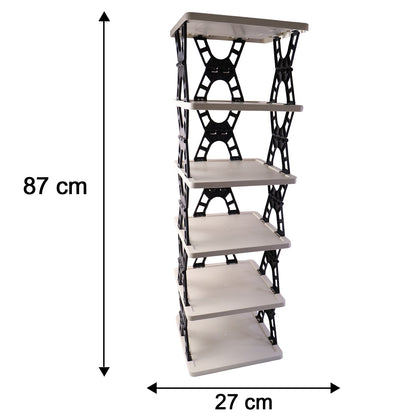 A light grey and black foldable shoe rack with dimensions of 87 cm height and 27 cm width indicated.