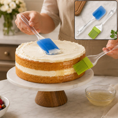 A person uses a blue silicone spatula to frost a two-layer cake and a green silicone brush to glaze the side. – view 3