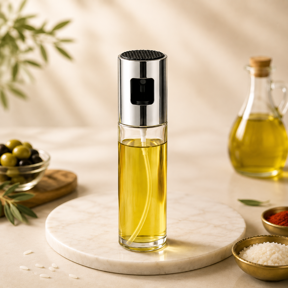 A clear glass and silver oil sprayer filled with yellow oil, surrounded by olives, spices, and an oil cruet.