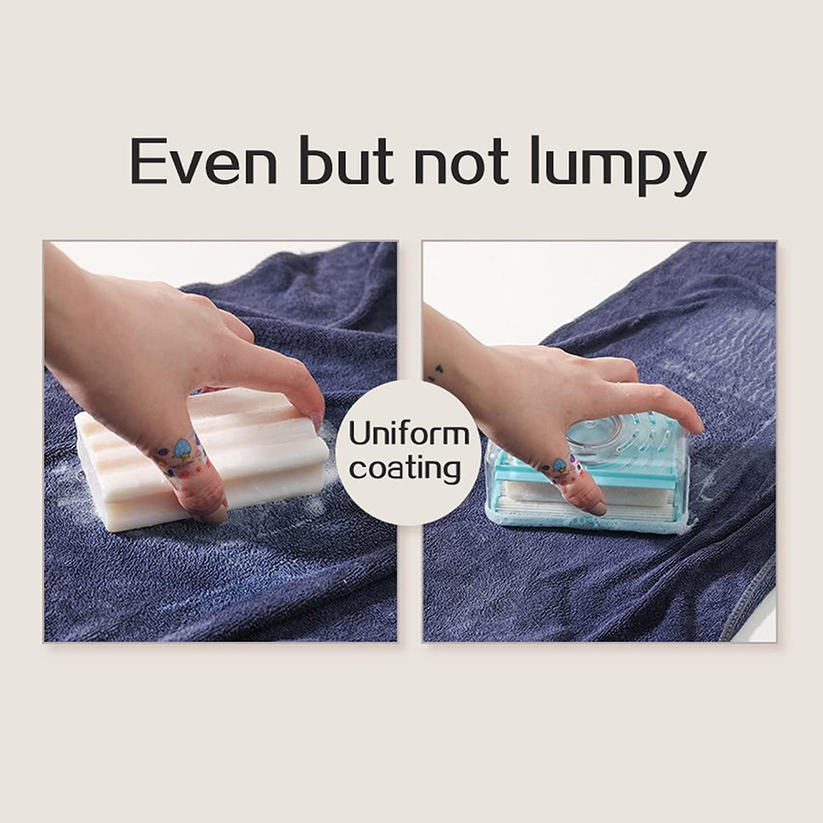 Two side-by-side images show a hand rubbing a bar of soap and the dispenser on a blue towel, illustrating uniform coating.