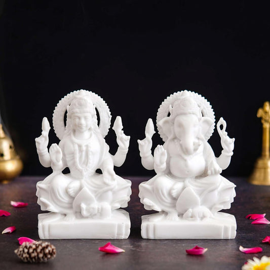 Sovely Shree Laxmi Ganesha Idol Marble Laxmi Ganesh Murti for Puja Ghar Diwali Office Pooja Shop Puja Decoration Gifts, Laxmi Ganesh Marble Murti for Mandir, Dukan - 7.7×7.5×13.3 cm