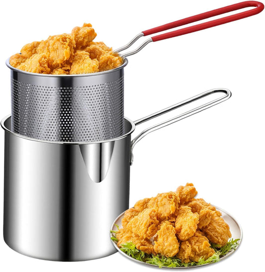 Small Deep Frying Pot with Strainer Basket - 1200ml Stainless Steel Pan with Handle Ideal for Frying French Fries, Chicken Wings, Shrimp, Fish, Boiling Butter, and Pasta