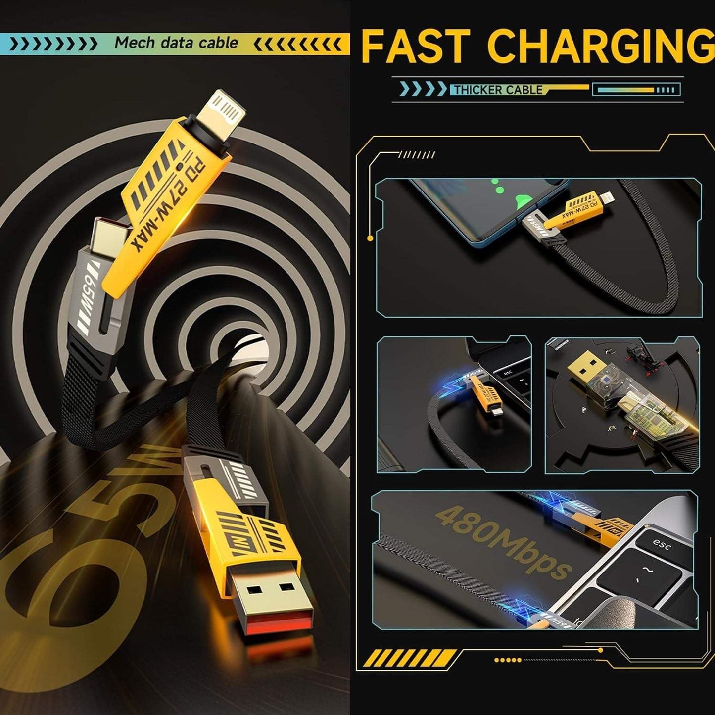 SOVELY 4 in 1 Charging Cable, 4 in 1 Fast Charging Cable, 4 in 1 Charging Data Cable, 4 in 1 Data Cable, All in One Charging Cable, 65W Charging Cable, 65W Super Fast Charging Cable