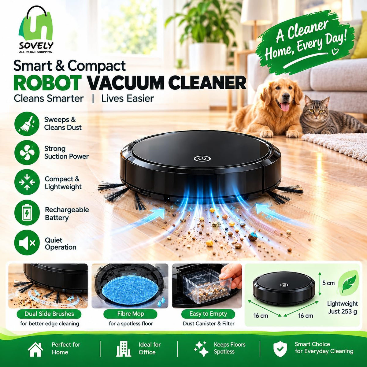 Sovely Robot Vacuum Cleaner 3-in-1 Sweep Suck Mop 1200mAh Rechargeable White Lite