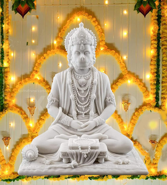 White Marble Hanuman Sitting Statue with gada Reading Ramayan Ram Bhakt Hanuman Murti For Pooja Ghar Office Temple Decorative Showpiece Bala Ji Murti Sankat Mochan Hanuman Ji - 16 × 14 × 21 cm