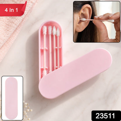Pink reusable silicone ear swab set with four different tips in an open case, with a woman cleaning her ear in an inset, and