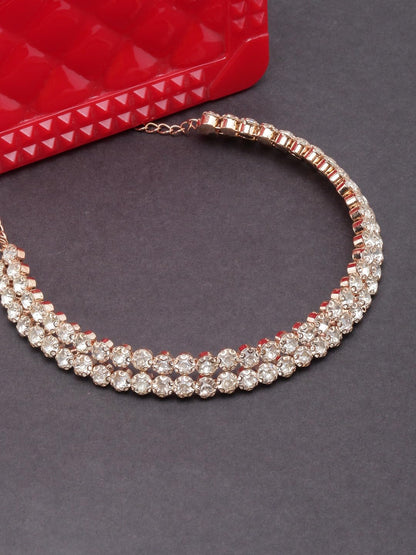 Sovely Rhinestone Crystal Choker Necklace Beautiful 2 Layered White Stone Choker Gold Plated Necklace With Earring For Women And Girls Jewellery Set, Classic Style Cubic Zirconia Studded