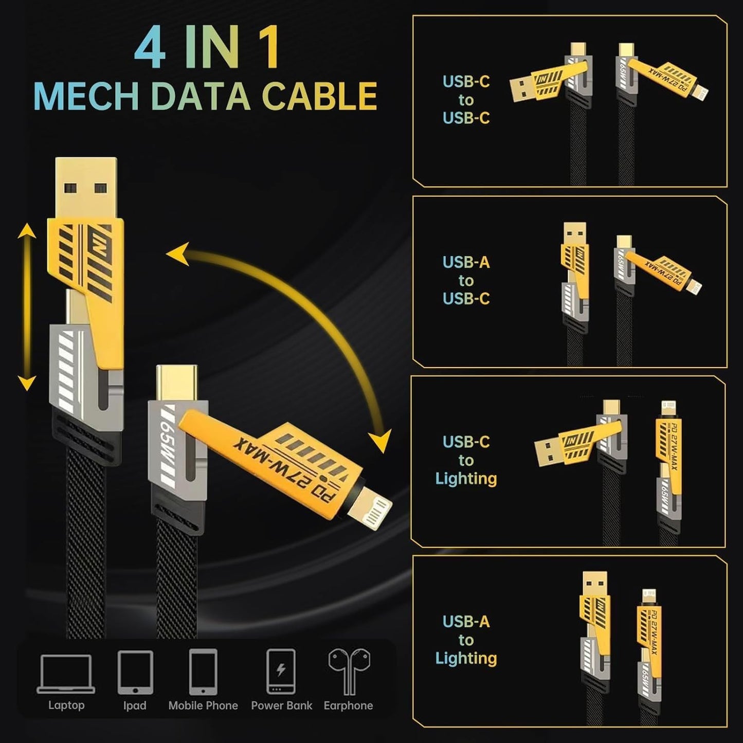 SOVELY 4 in 1 Charging Cable, 4 in 1 Fast Charging Cable, 4 in 1 Charging Data Cable, 4 in 1 Data Cable, All in One Charging Cable, 65W Charging Cable, 65W Super Fast Charging Cable