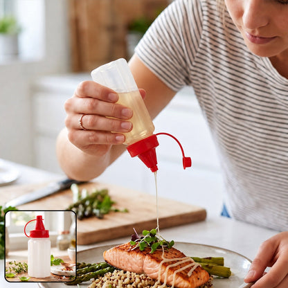 A person drizzles oil from a clear plastic squeeze bottle with a red cap onto salmon and asparagus.
