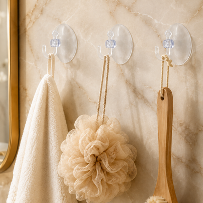 Three transparent suction cup hooks on a marble wall, holding a white towel, a beige loofah, and a wooden brush.