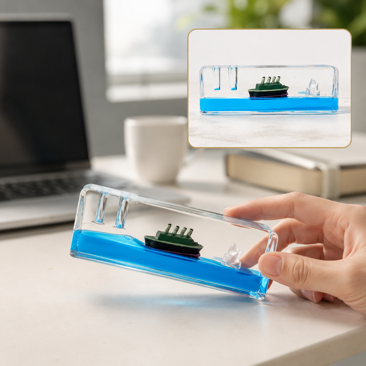 A hand holds a clear rectangular liquid motion paperweight with a green ship and iceberg floating in blue liquid.