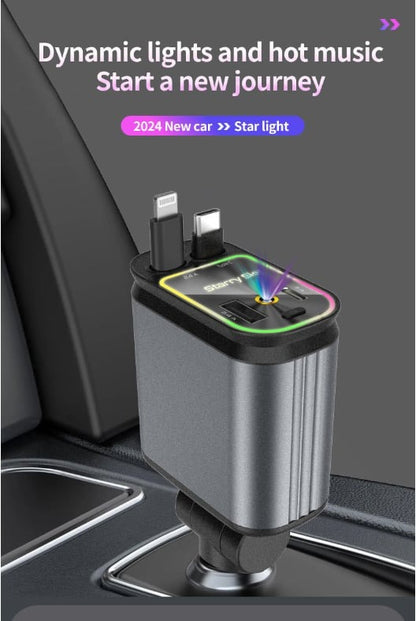 4 in 1 Super Fast  120W  Car Phone Charger | 180° Adjustable Type C & iPhone Car Adapter |Retractable Cable and 2 USB Ports