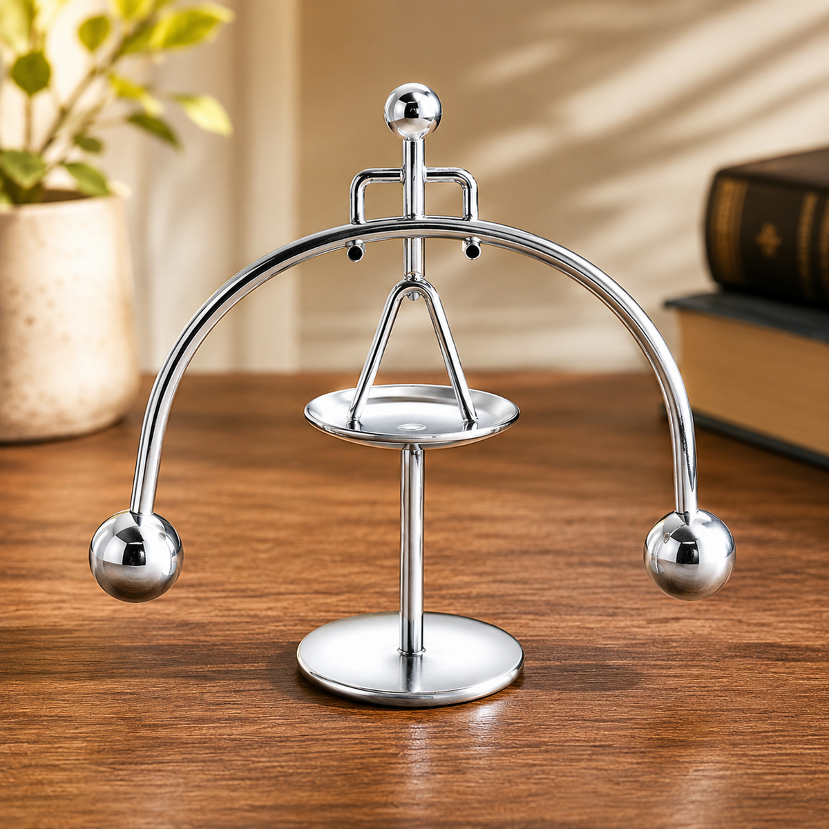 A shiny silver metal balance toy with a figure on top of a curved bar, sitting on a wooden desk.