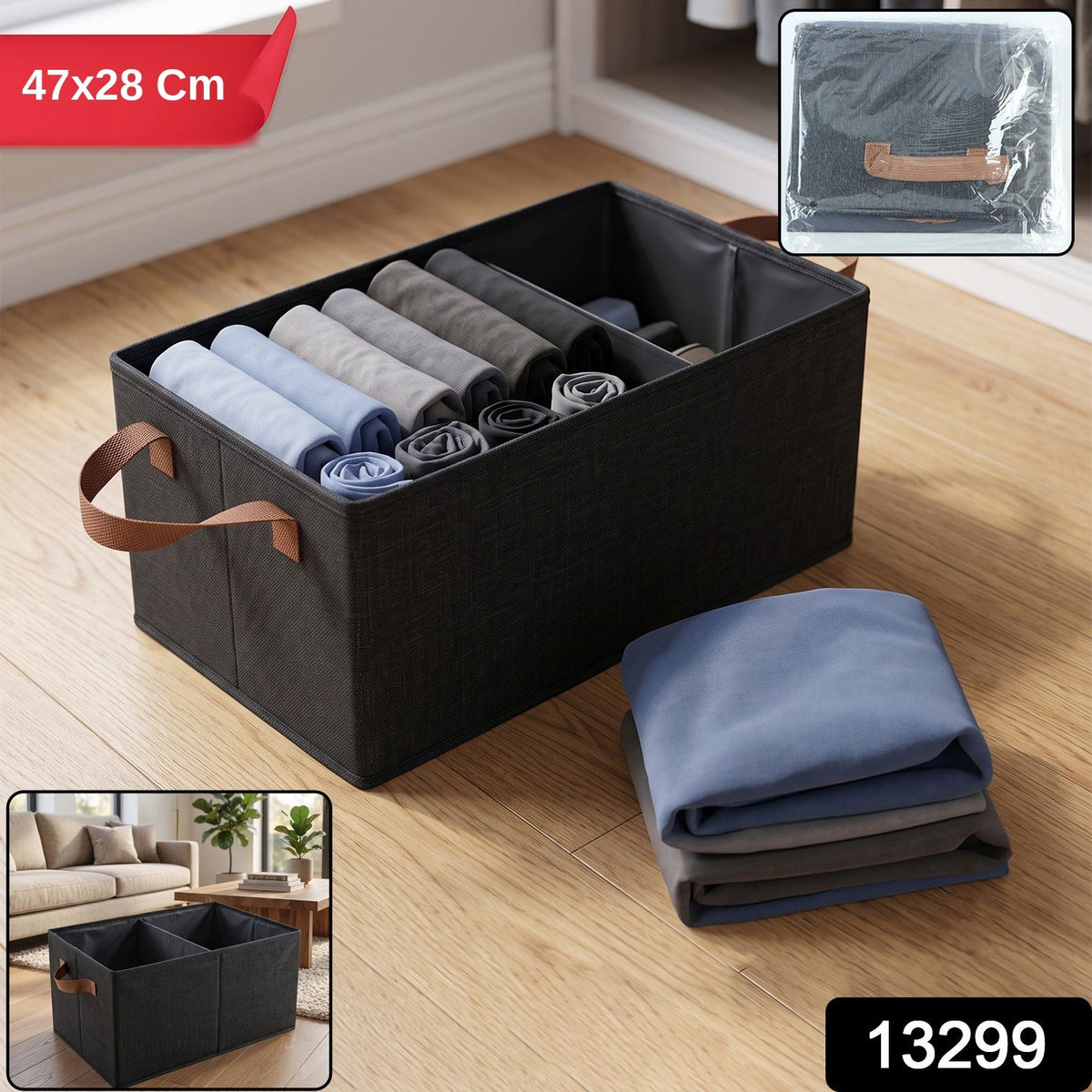A black foldable fabric storage basket with rolled clothes, a stack of folded clothes, and a packaged basket in the corner.