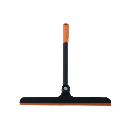 A black and orange squeegee with a pivoting head and textured handle, shown against a white background.