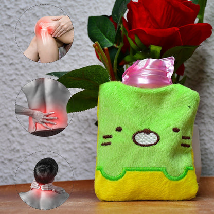 A green and yellow kitty hot water bag sits next to a red rose, with three pain relief diagrams.