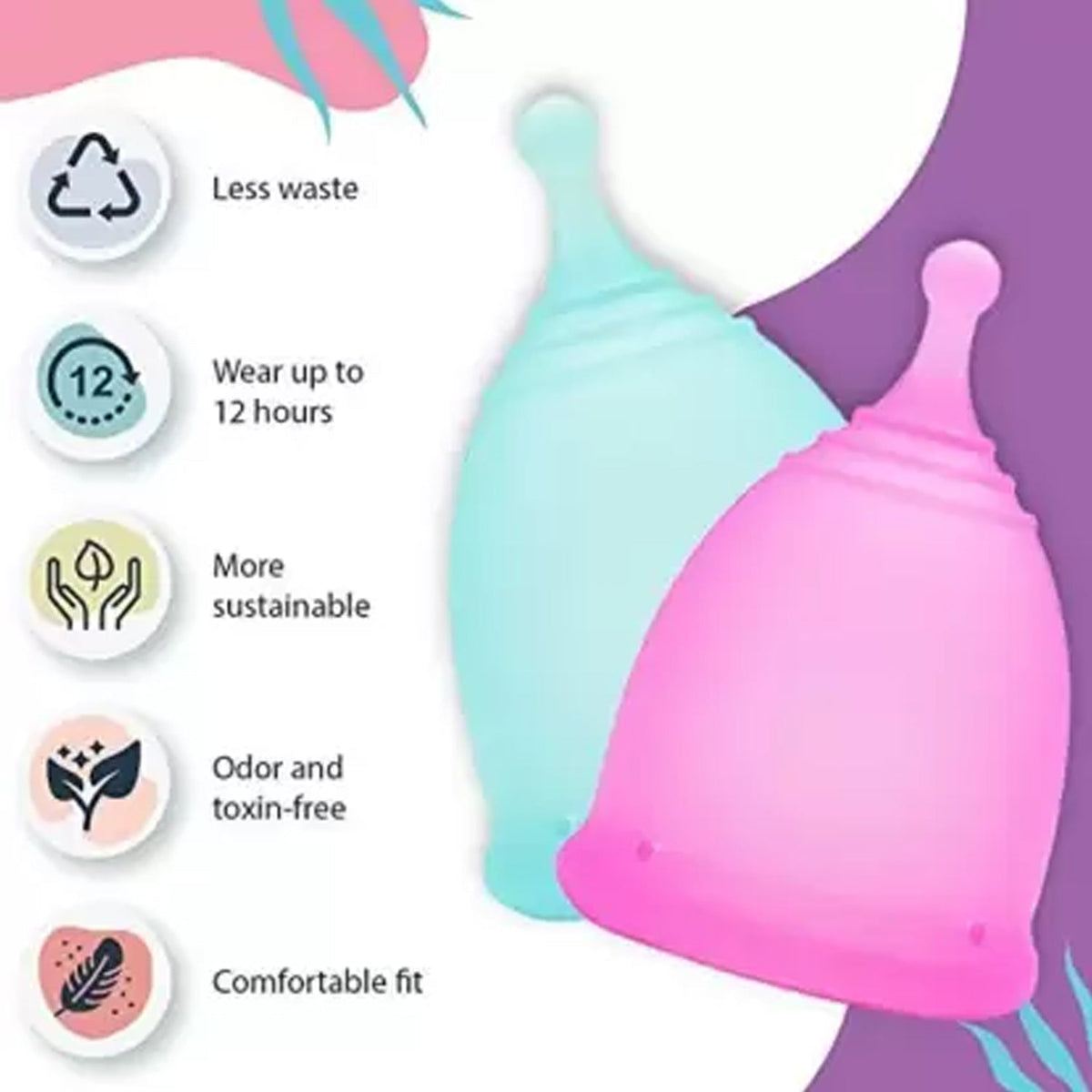 A comparison chart contrasts a pink menstrual cup with regular soaps and body wash, and a sanitary pad.