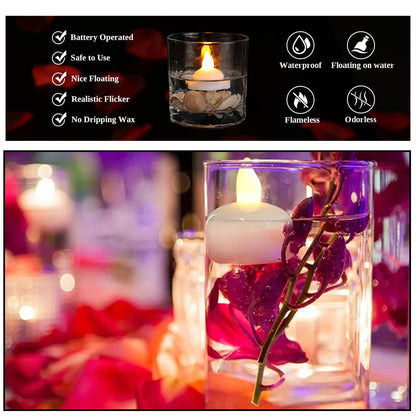 A white LED floating candle in a glass with purple flowers, and a list of features like waterproof and flameless.