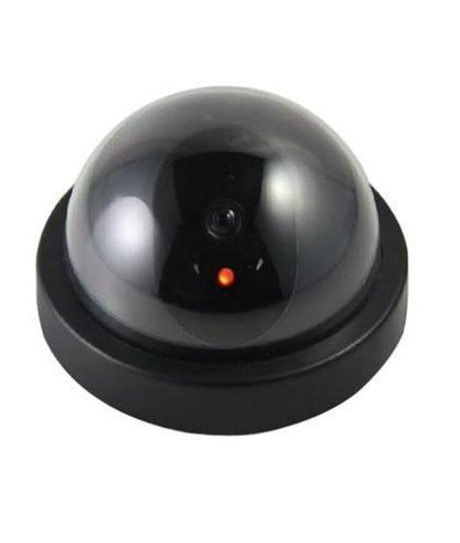 Black dome dummy security camera with a red light on a clean white background.