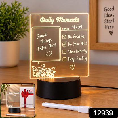 The illuminated message board lamp on a desk, with a small inset showing the lamp and its gift box.