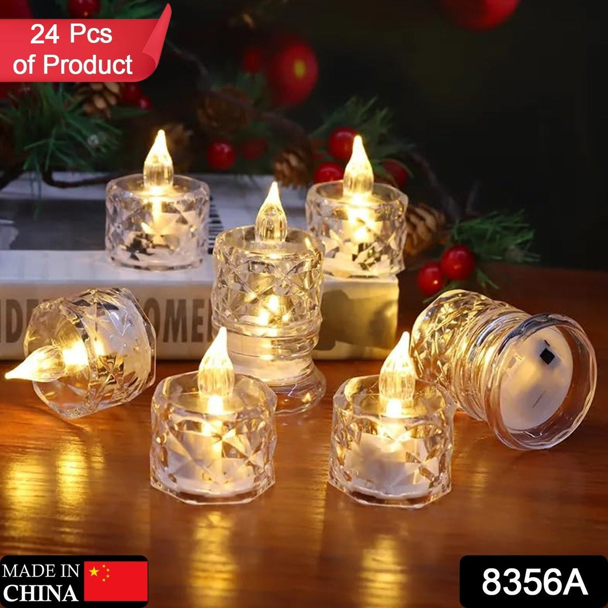 Six clear acrylic flameless LED tealight candles with warm yellow light, some on a book, against a festive background.