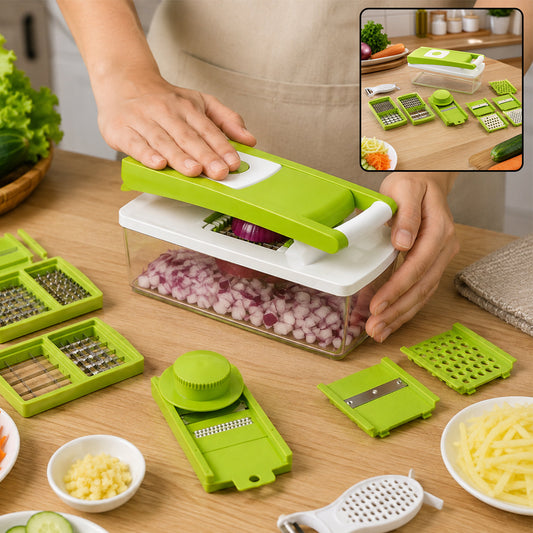 A person uses a green and white vegetable dicer to chop red onions into a clear container, surrounded by various green