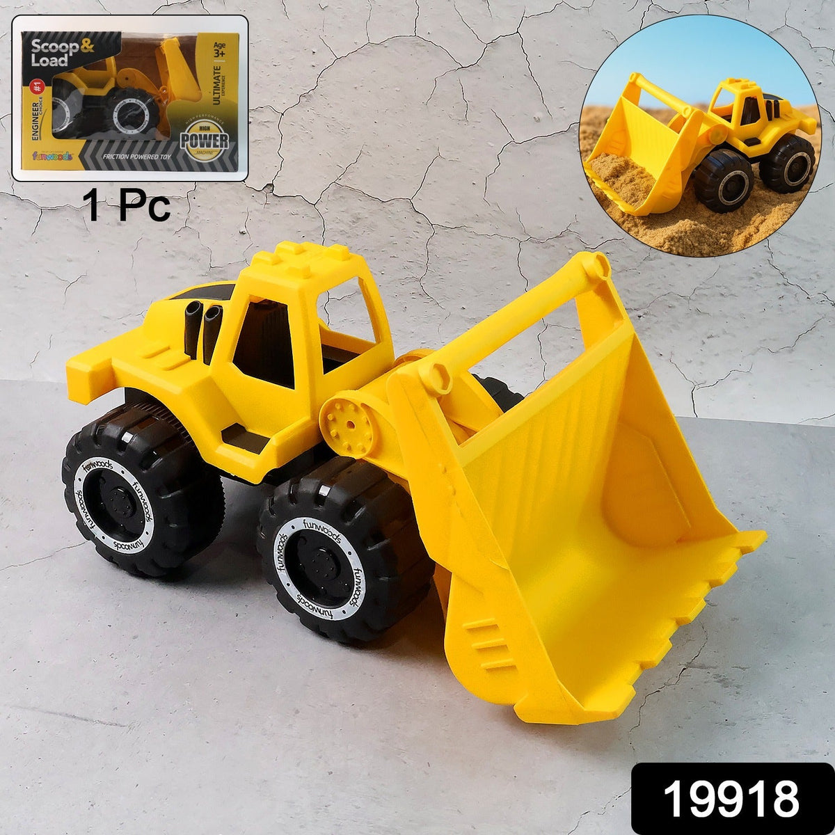 A yellow toy front-end loader with its packaging in the top left and a circular inset showing it in sand on the top right.