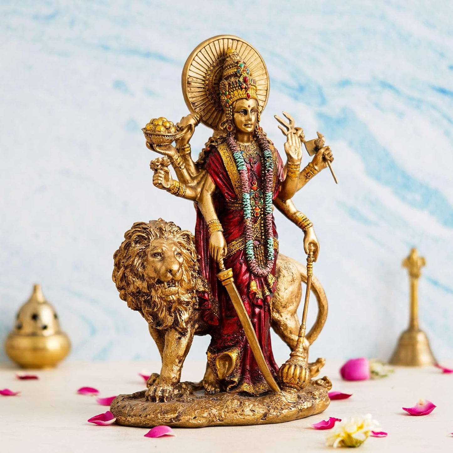 Sovely Beautiful Maa Durga Sherawali MATA Metal with Crystal Diamond Studded Durga MATA Goddess Amba Idol Showpiece for Navratri Pooja Murti, Gift
