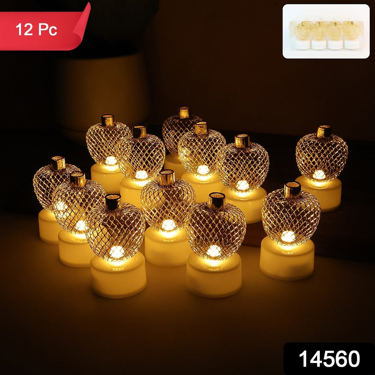 Twelve glowing gold mesh LED tealights arranged in rows, with a small inset showing the tealights without the mesh covers.